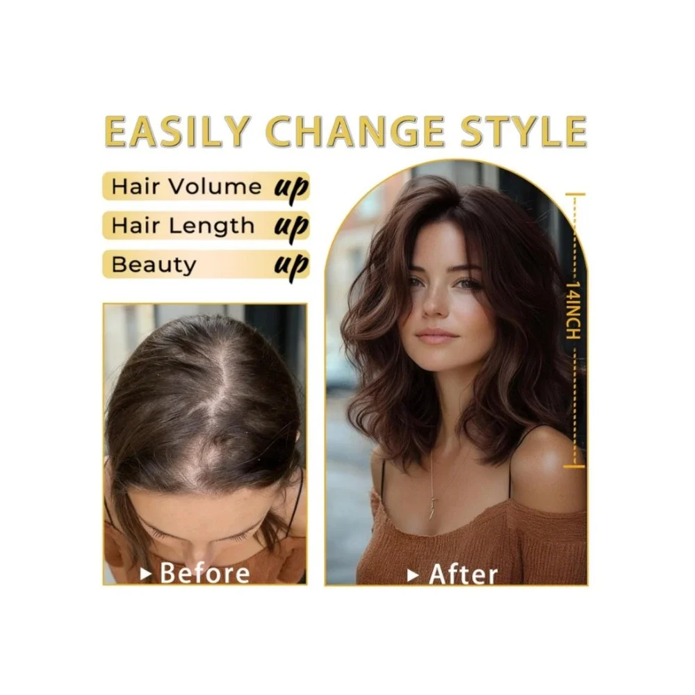 TYQ Hair Topper 14 Inch Synthetic Curly‎ Wavy Side Part Dark Brown Chestnut Mix